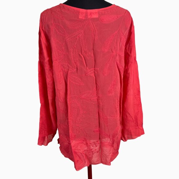 Chicos Womens 2 US 12 Coral Flowy Embroidered Sheer Long Sleeve Lightweight Top - Picture 10 of 11